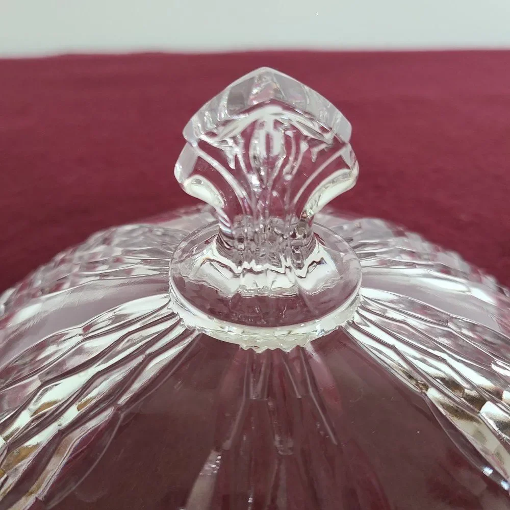 Three-Footed Pedestal Glass Candy Dish Covered Bowl Art Deco Geometric Design